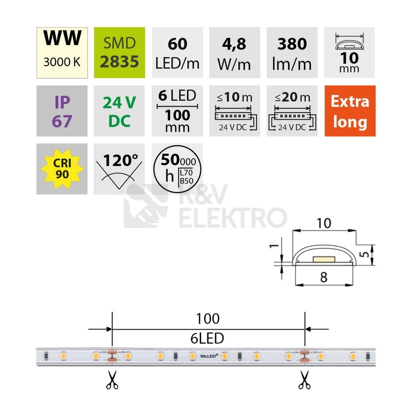Obrázek produktu LED pásek McLED 24V teplá bílá CRI90 š=10mm IP67 4,8W/m 60LED/m SMD2835 ML-126.003.90.2 3