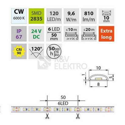 Obrázek produktu LED pásek McLED 24V studená bílá CRI90 š=10mm IP67 9,6W/m 120LED/m SMD2835 ML-126.006.90.2 1
