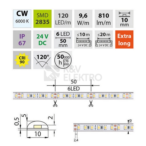 Obrázek produktu LED pásek McLED 24V studená bílá CRI90 š=10mm IP67 9,6W/m 120LED/m SMD2835 ML-126.006.90.2 4