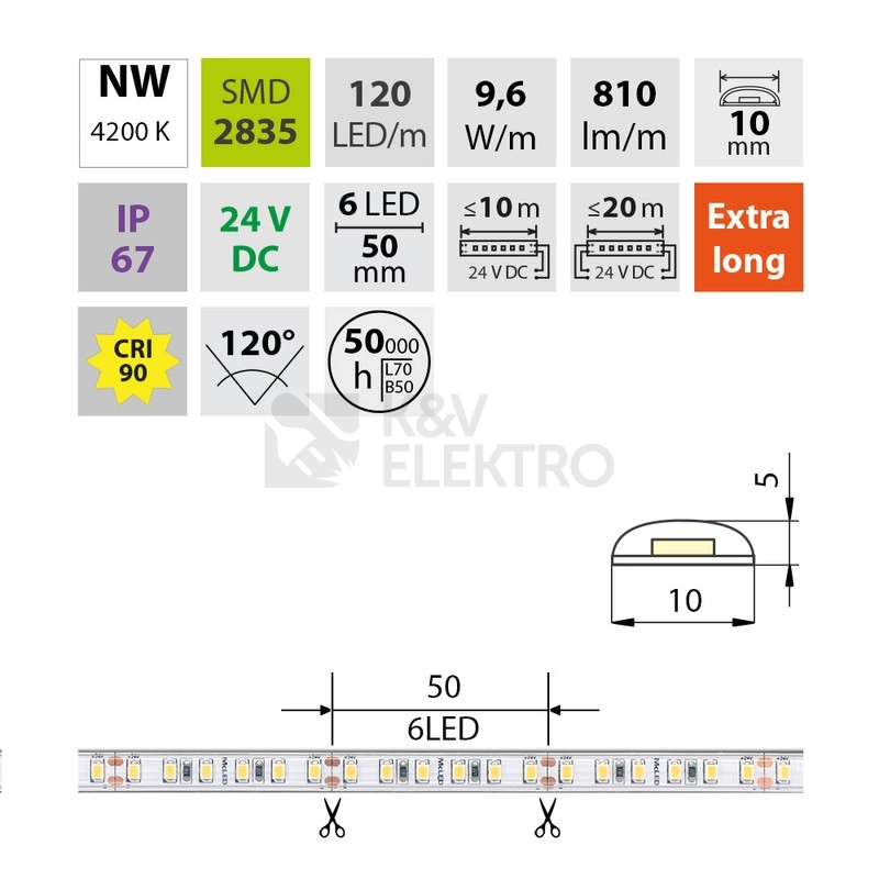 Obrázek produktu LED pásek McLED 24V neutrální bílá CRI90 š=10mm IP67 9,6W/m 120LED/m SMD2835 ML-126.007.90.2 2