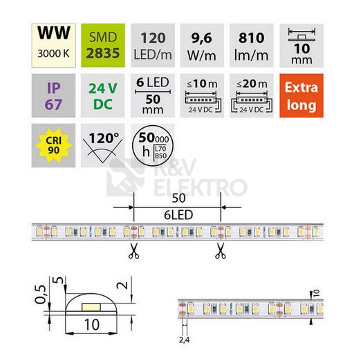 Obrázek produktu LED pásek McLED 24V teplá bílá CRI90 š=10mm IP67 9,6W/m 120LED/m SMD2835 ML-126.008.90.2 4