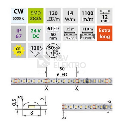 Obrázek produktu LED pásek McLED 24V studená bílá CRI90 š=12mm IP67 14W/m 120LED/m SMD2835 ML-126.011.90.2 3