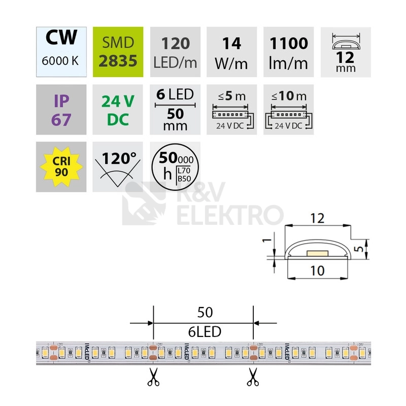 Obrázek produktu LED pásek McLED 24V studená bílá CRI90 š=12mm IP67 14W/m 120LED/m SMD2835 ML-126.011.90.2 3