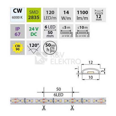 Obrázek produktu LED pásek McLED 24V studená bílá CRI90 š=12mm IP67 14W/m 120LED/m SMD2835 ML-126.011.90.2 6