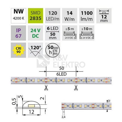 Obrázek produktu LED pásek McLED 24V neutrální bílá CRI90 š=12mm IP67 14W/m 120LED/m SMD2835 ML-126.012.90.2 4