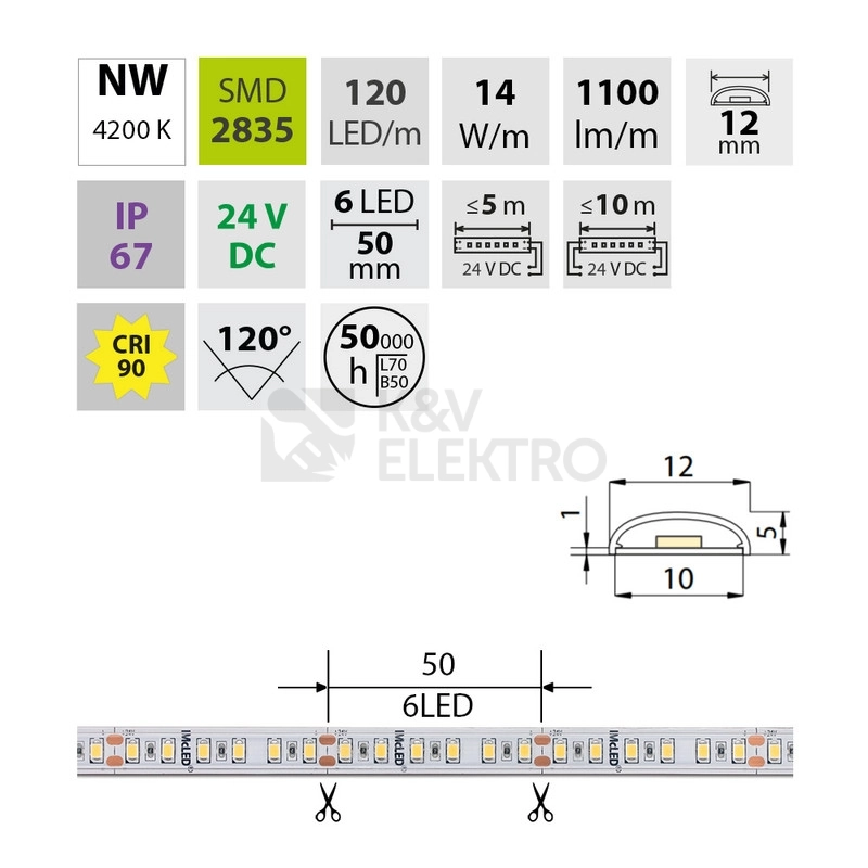 Obrázek produktu LED pásek McLED 24V neutrální bílá CRI90 š=12mm IP67 14W/m 120LED/m SMD2835 ML-126.012.90.2 3