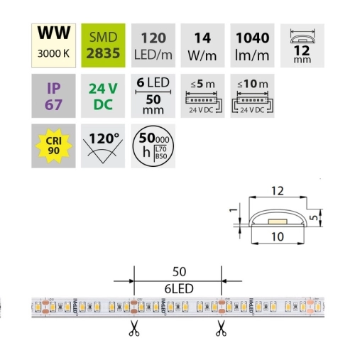 LED pásek McLED 24V teplá bílá CRI90 š=12mm IP67 14W/m 120LED/m SMD2835 ML-126.013.90.2 (obrázek 3)