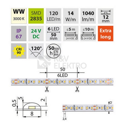 Obrázek produktu LED pásek McLED 24V teplá bílá CRI90 š=12mm IP67 14W/m 120LED/m SMD2835 ML-126.013.90.2 2