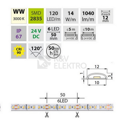 Obrázek produktu LED pásek McLED 24V teplá bílá CRI90 š=12mm IP67 14W/m 120LED/m SMD2835 ML-126.013.90.2 6