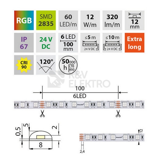 Obrázek produktu LED pásek McLED 24V RGB š=12mm IP67 12W/m 60LED/m SMD5050 ML-128.001.90.2 3