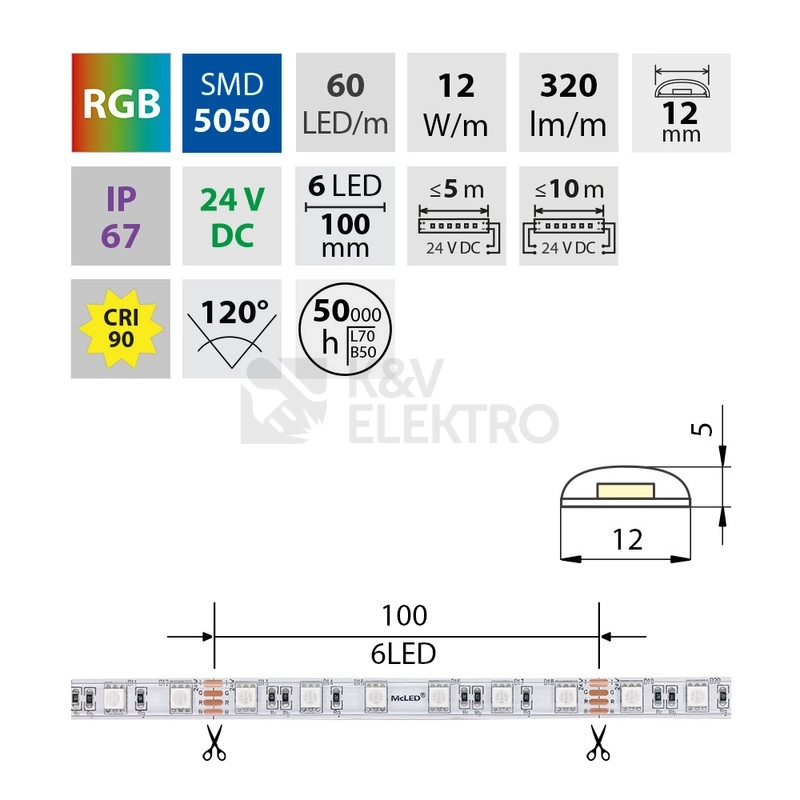 Obrázek produktu LED pásek McLED 24V RGB š=12mm IP67 12W/m 60LED/m SMD5050 ML-128.001.90.2 3