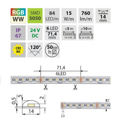 Levně LED pásek McLED 24V RGB + teplá bílá š=14mm IP67 15W/m 84LED/m SMD5050 ML-128.002.90.2