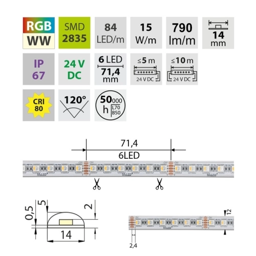 LED pásek McLED 24V RGBW WW teplá bílá 14mm IP67 15W/m ML-128.002.90.2 (obrázek 4)