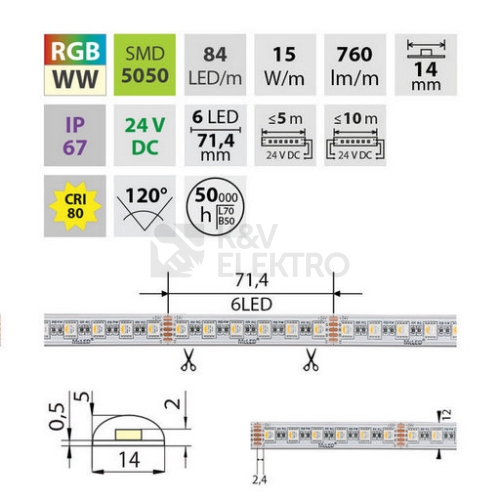 LED pásek McLED 24V RGB + teplá bílá š=14mm IP67 15W/m 84LED/m SMD5050 ML-128.002.90.2