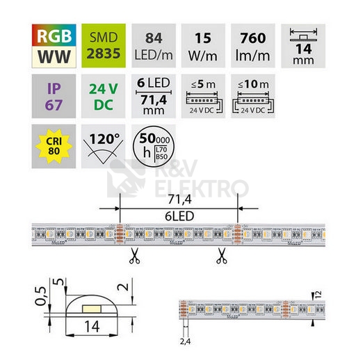 Obrázek produktu LED pásek McLED 24V RGB + teplá bílá š=14mm IP67 15W/m 84LED/m SMD5050 ML-128.002.90.2 3