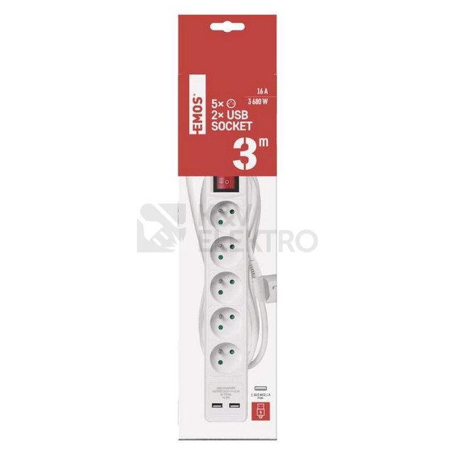 Obrázek produktu  Prodlužovací kabel s USB nabíječkou 3m/5zásuvek bílá EMOS P1513RU 2