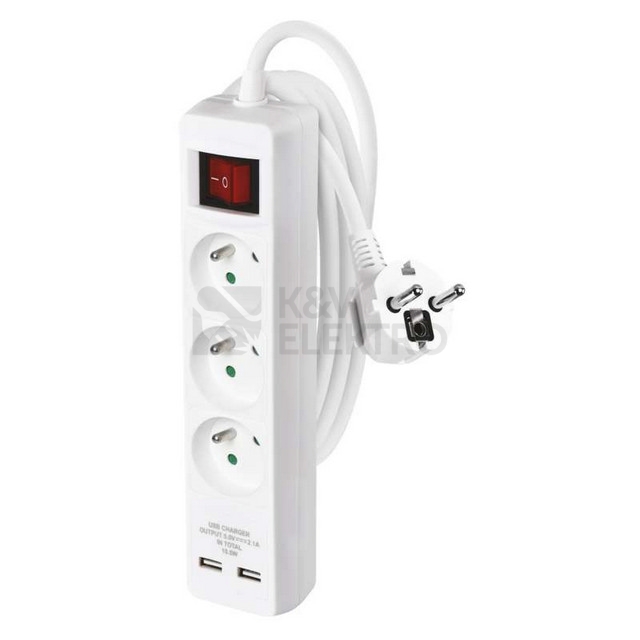 Obrázek produktu Prodlužovací kabel s USB nabíječkou 2m/3zásuvy bílá EMOS P1512RU 1