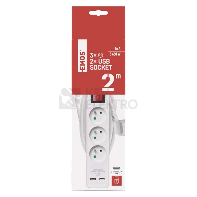 Obrázek produktu Prodlužovací kabel s USB nabíječkou 2m/3zásuvy bílá EMOS P1512RU 2