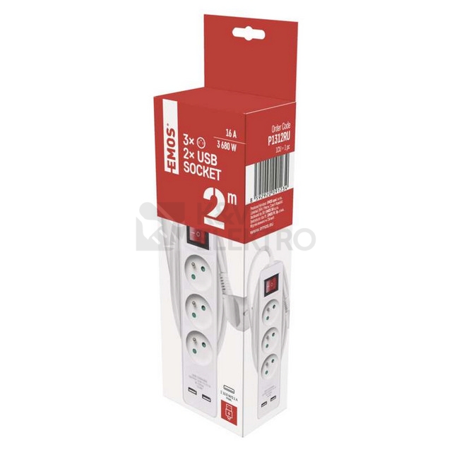 Obrázek produktu Prodlužovací kabel s USB nabíječkou 2m/3zásuvy bílá EMOS P1512RU 3