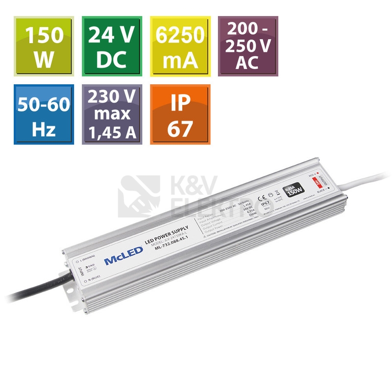 Obrázek produktu LED napájecí zdroj McLED 24VDC 12,5A 150W ML-732.088.45.1 3