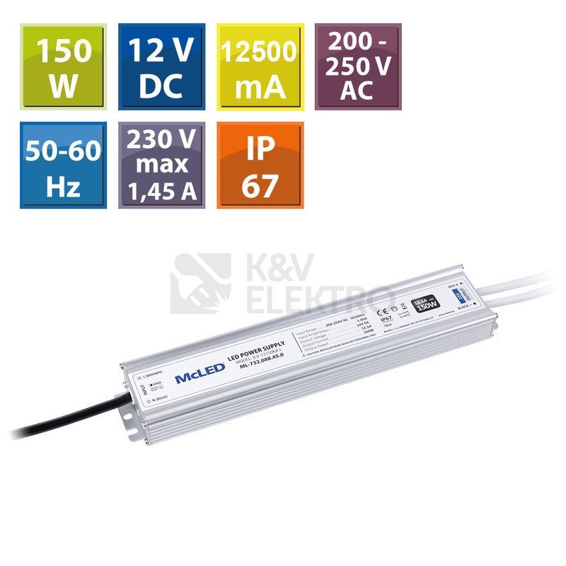 Obrázek produktu LED napájecí zdroj McLED 12VDC 8,33A 150W ML-732.088.45.0 3