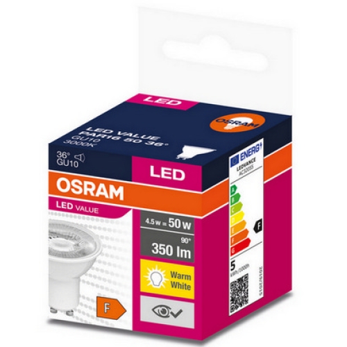 LED žárovka GU10 PAR16 OSRAM VALUE 4,5W (50W) teplá bílá (3000K), reflektor 36°