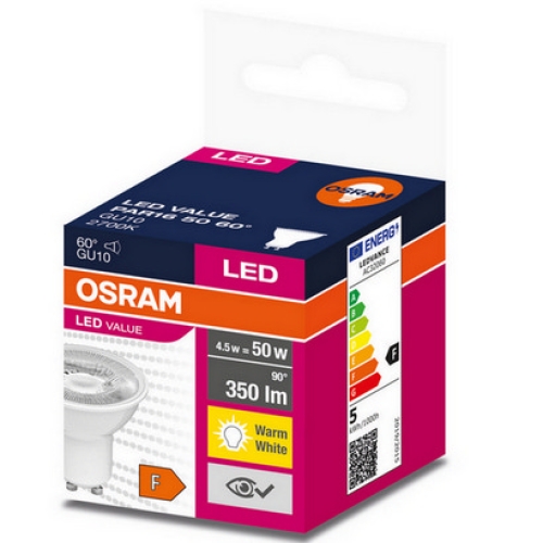 LED žárovka GU10 PAR16 OSRAM 4,5W (50W) teplá bílá (2700K) reflektor 60°