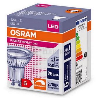 Obrázek produktu LED žárovka GU10 PAR16 OSRAM PARATHOM 7,9W (50W) teplá bílá (2700K) stmívatelná, reflektor 120° 1