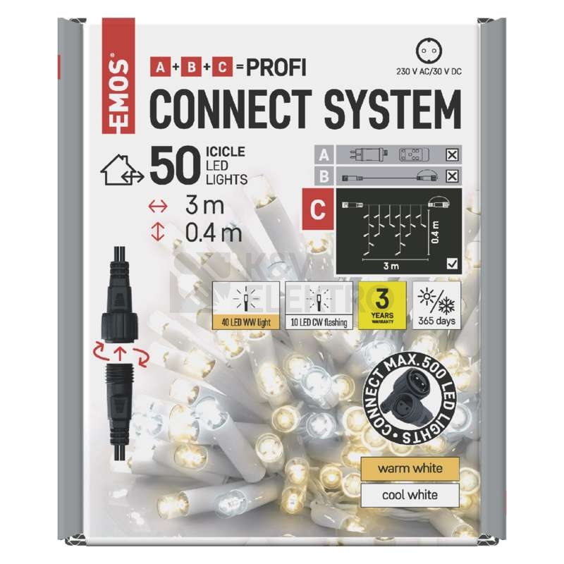 Obrázek produktu Propojovací vánoční řetěz bez zdroje EMOS Connecting D2CN02 50LED krápníky 3m teplá/studená bílá blikající 2
