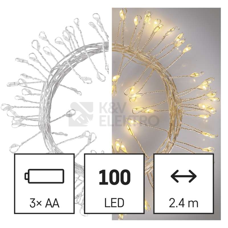 Obrázek produktu Vánoční osvětlení EMOS D3FW01 100LED nano řetěz stříbrná 2,4m teplá bílá s časovačem 0