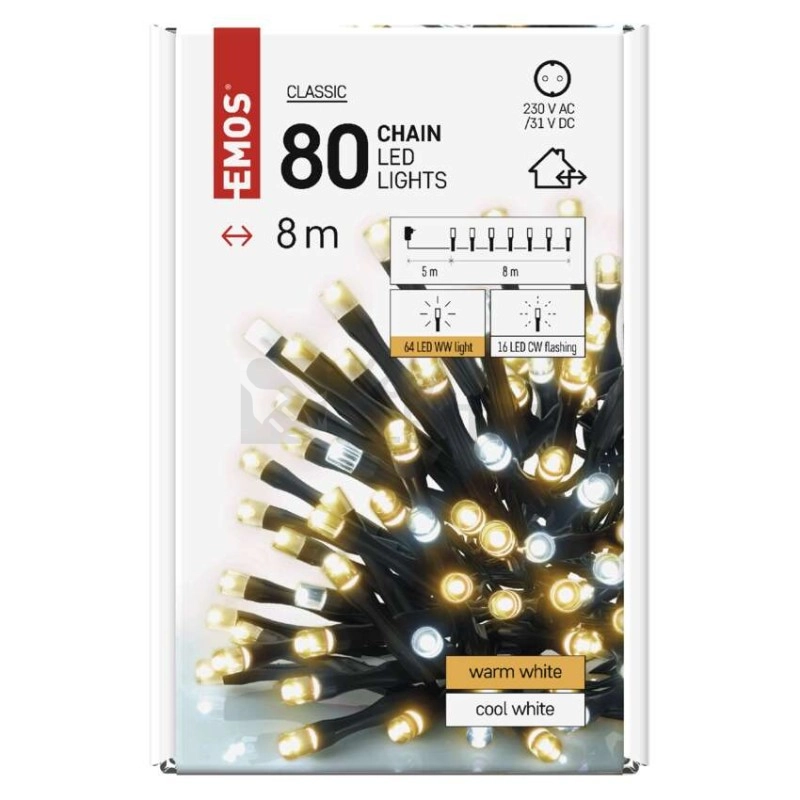 Obrázek produktu Vánoční osvětlení EMOS D4AN01 80LED řetěz 8m teplá/studená bílá blikající s časovačem 2