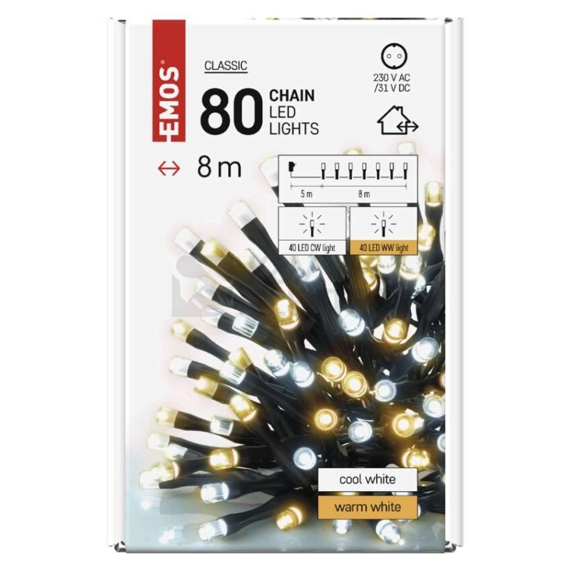 Obrázek produktu Vánoční osvětlení EMOS D4AN04 80LED řetěz 8m teplá/studená bílá s časovačem 2