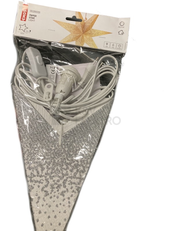 Obrázek produktu  Vánoční hvězda papírová EMOS DCAZ08 230V bílá se stříbrnými třpytkami E14 bez žárovky 1