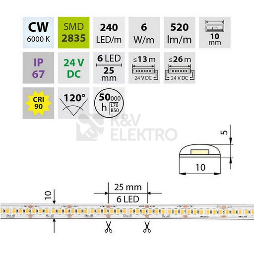 Obrázek produktu LED pásek McLED 24V studená bílá CRI90 š=10mm IP67 6W/m 240LED/m SMD2835 ML-126.032.90.2 4