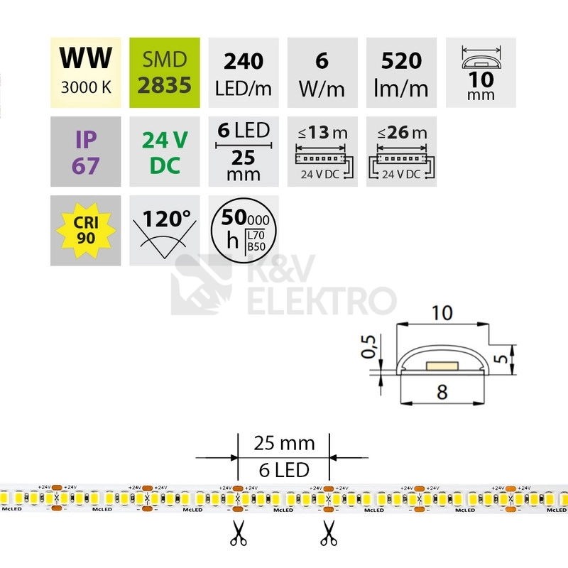 Obrázek produktu LED pásek McLED 24V studená bílá CRI90 š=10mm IP67 6W/m 240LED/m SMD2835 ML-126.032.90.2 3