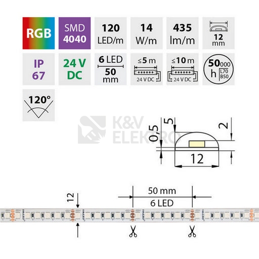 Obrázek produktu LED pásek McLED 24V RGB š=12mm IP67 14W/m 120LED/m SMD4040 ML-128.004.90.2 3