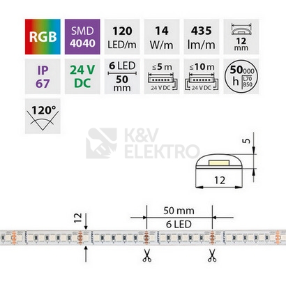 Obrázek produktu LED pásek McLED 24V RGB š=12mm IP67 14W/m 120LED/m SMD4040 ML-128.004.90.2 5