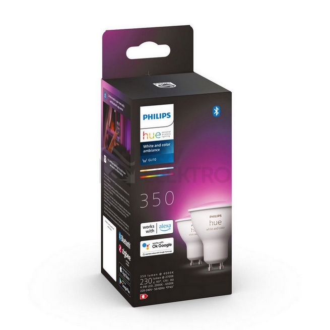 Obrázek produktu  LED žárovka GU10 Philips Hue 2ks 4,3W (50W) White and Color Ambiance (2000-6500K/RGB) stmívatelná 8719514340084 4