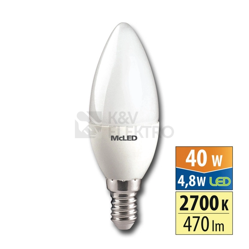 Obrázek produktu LED žárovka E14 McLED 4,8W (40W) teplá bílá (2700K) svíčka ML-323.027.87.0 0
