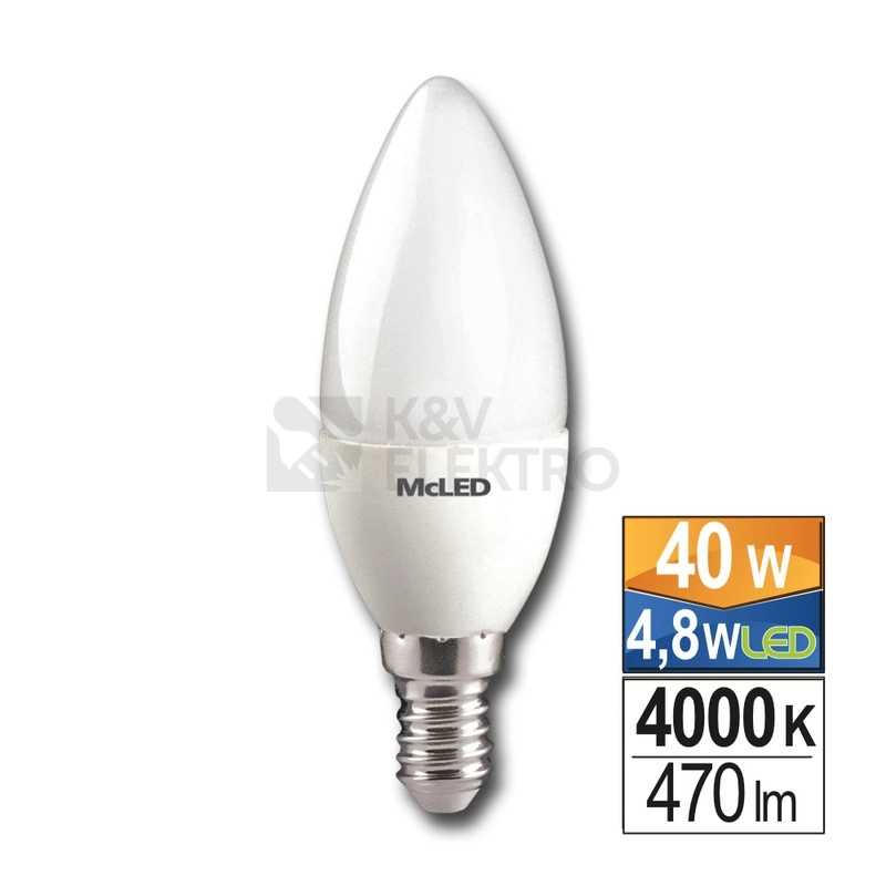 Obrázek produktu LED žárovka E14 McLED 4,8W (40W) neutrální bílá (4000K) svíčka ML-323.028.87.0 0