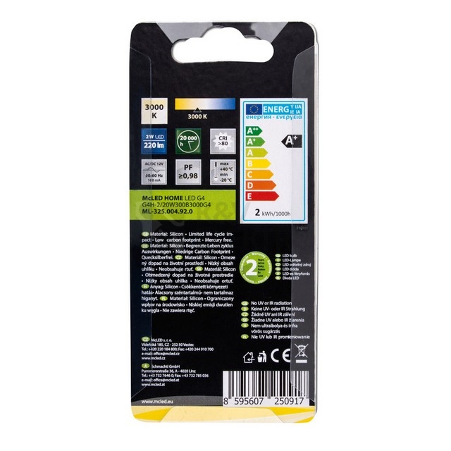 Obrázek produktu LED žárovka G4 McLED 2W (20W) teplá bílá (3000K) 12V ML-325.004.92.0 2