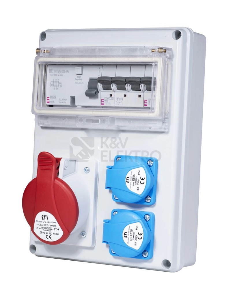 Obrázek produktu Zásuvková skříň ETI EDS8 RCD 2/1 32 B IP54 2x230V 1x400V/32A/5p jištěná s chráničem 001105413 (EDS8 RCD 2-2/1-5 32) 0
