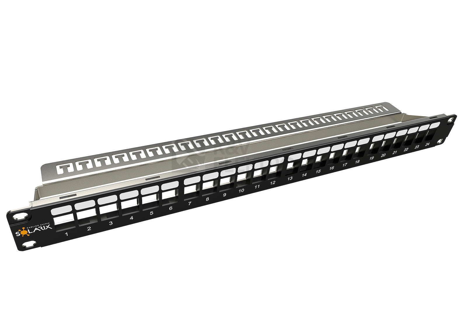 Obrázek produktu Patch panel Solarix SX24M-0-STP-BK-UNI-N 24 portů 1U neosazený s vyvaz. lištou pro CAT6A keystony 0