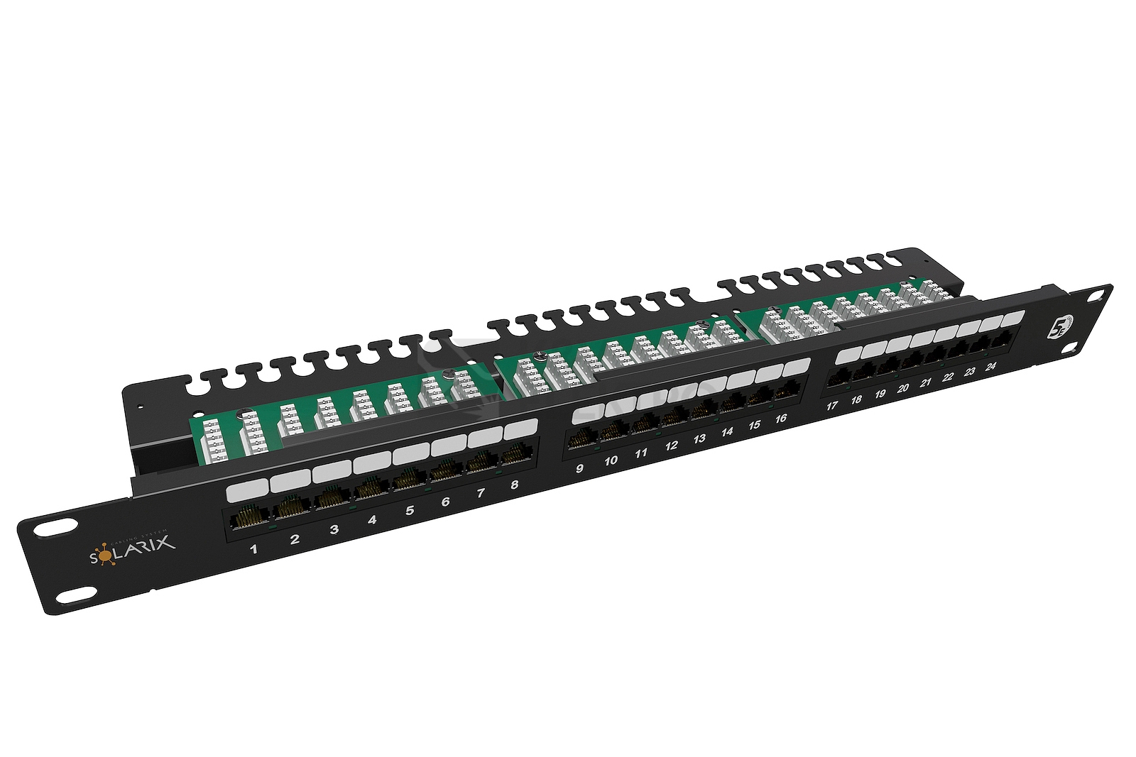 Obrázek produktu Patch panel Solarix SX24L-5E-UTP-BK-N 24x RJ45 CAT5E UTP 1U s vyvazovací lištou 0