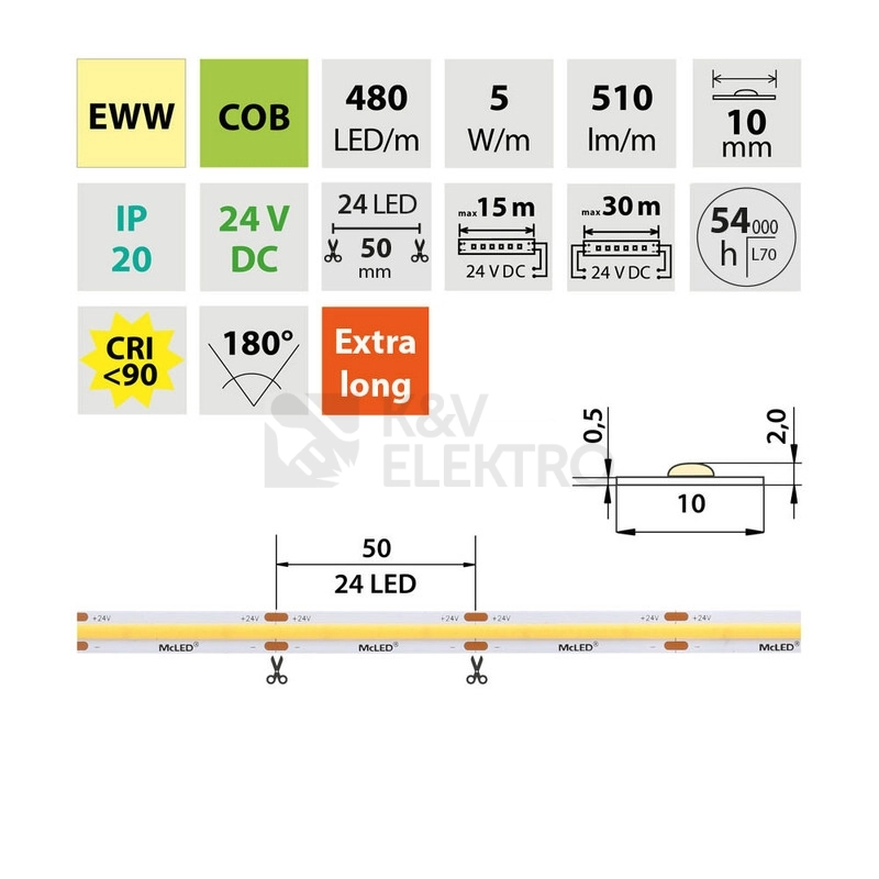 Obrázek produktu LED pásek McLED 24V COB teplá bílá 480LED/m 5W/m CRI90 10mm ML-126.053.83.2 3