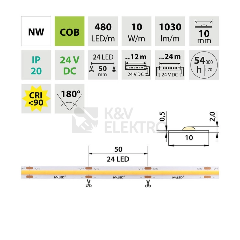 Obrázek produktu LED pásek McLED 24V COB neutrální bílá 480LED/m 10W/m CRI90 10mm ML-126.054.83.2 3