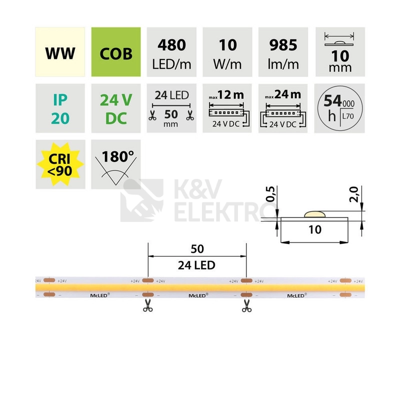 Obrázek produktu LED pásek McLED 24V COB teplá bílá 480LED/m 10W/m CRI90 10mm ML-126.055.83.2 3