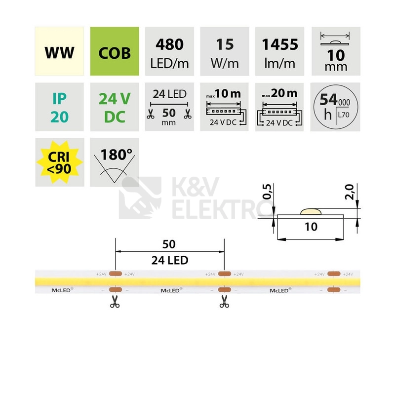 Obrázek produktu LED pásek McLED 24V COB teplá bílá 480LED/m 15W/m CRI90 10mm ML-126.058.83.2 3