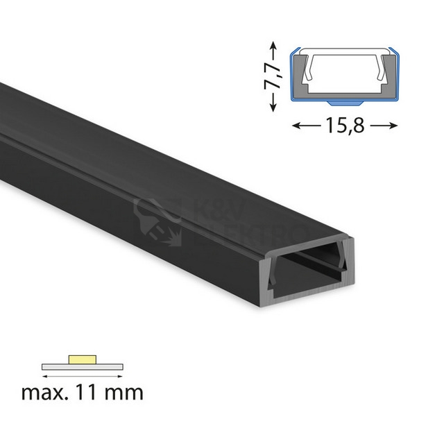 Obrázek produktu Přisazený hliníkový profil černý PG2 16x8mm s černým difuzorem 1m McLED ML-761.023.74.1 0
