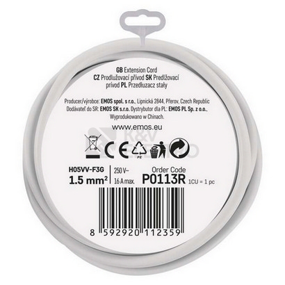 Obrázek produktu Prodlužovací kabel 3m 1zásuvka bílý PVC EMOS P0113R 3